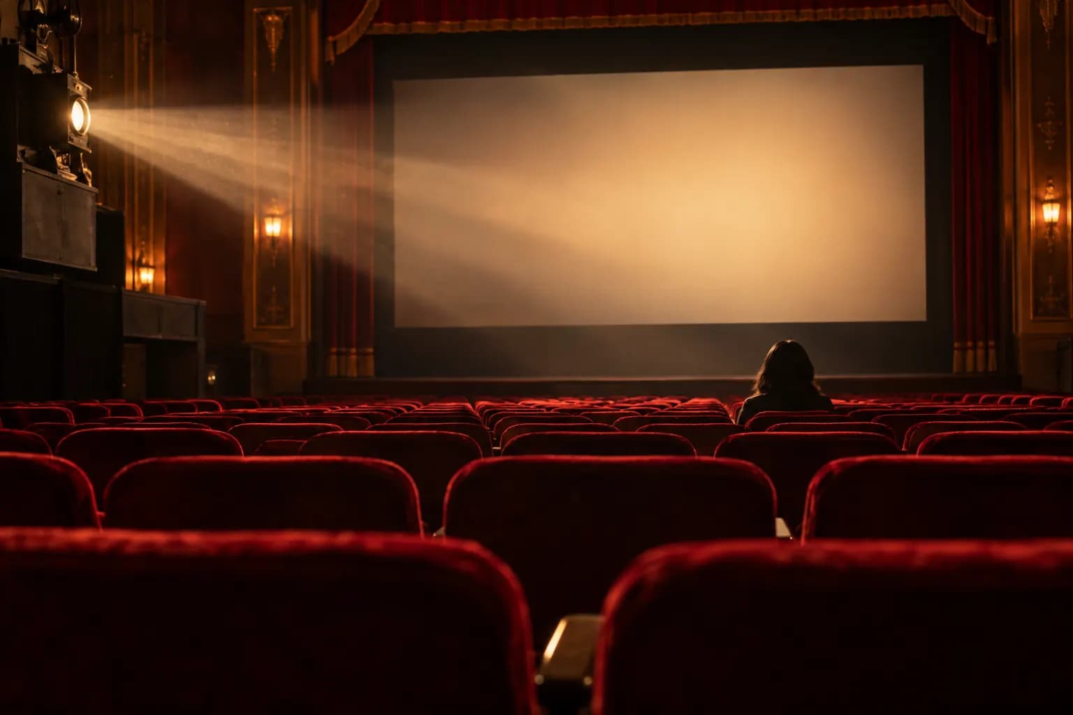 Boş kadife koltuklu eski sinema salonunda sıcak projeksiyon ışığı ve adsız bir izleyici silueti.