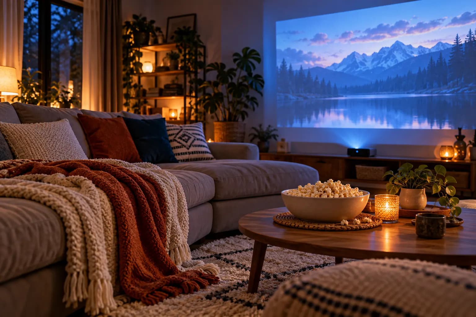 Sıcak bir ev salonunda battaniyeler, patlamış mısır ve yumuşak ekran ışığıyla film gecesi atmosferi.