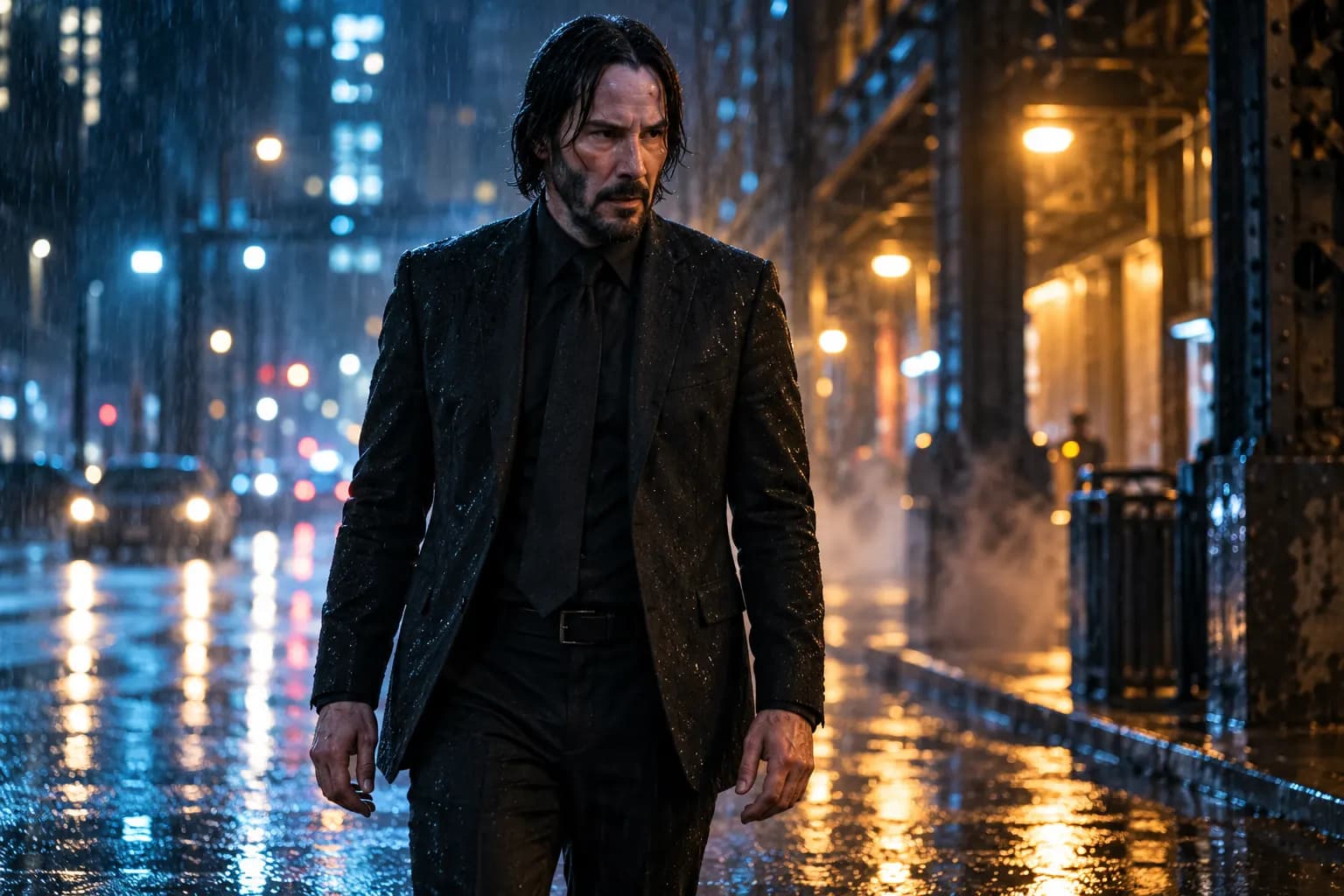 John Wick'in yağmurlu şehir sokağında tetikte beklediği sinematik sahne