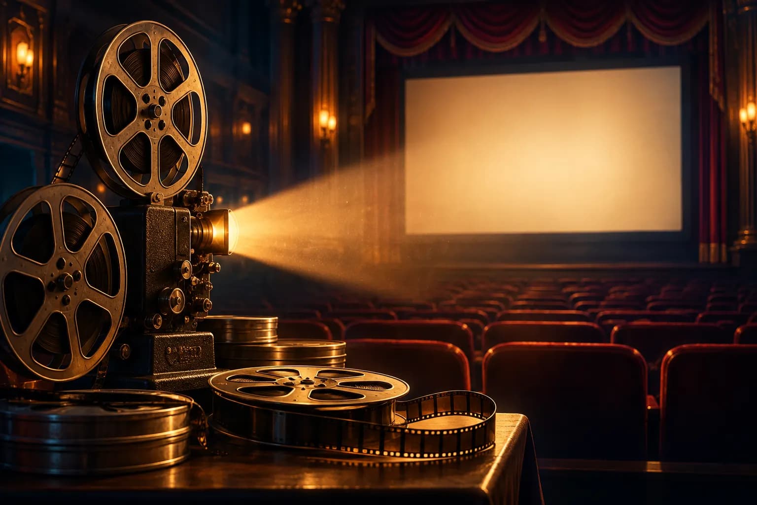 Projektör ışığı altında film makaraları ve boş bir sinema salonu.