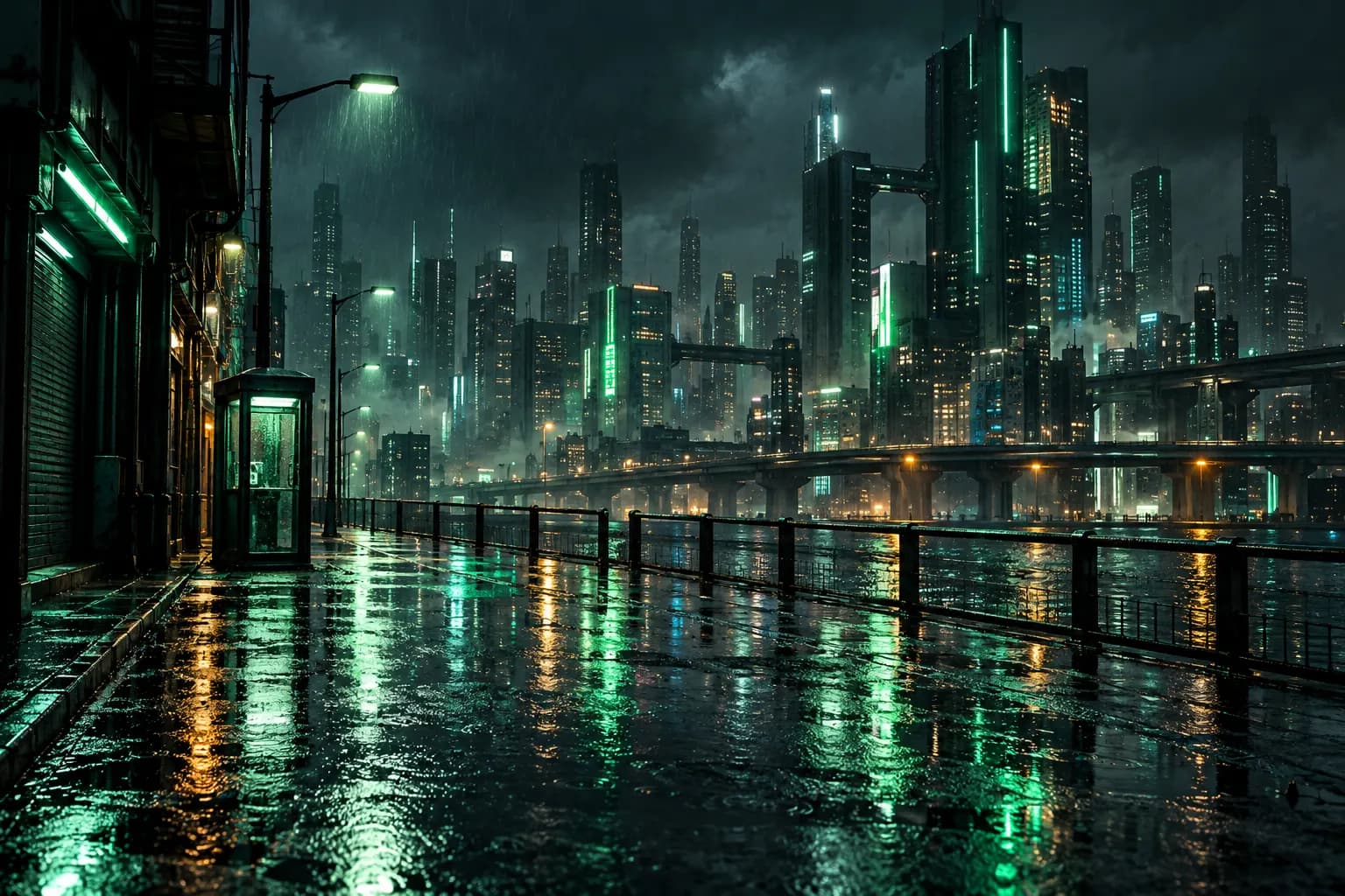 Yeşilimsi neon yansımaları olan yağmurlu gece şehir silüeti ve uzak telefon kulübesi.