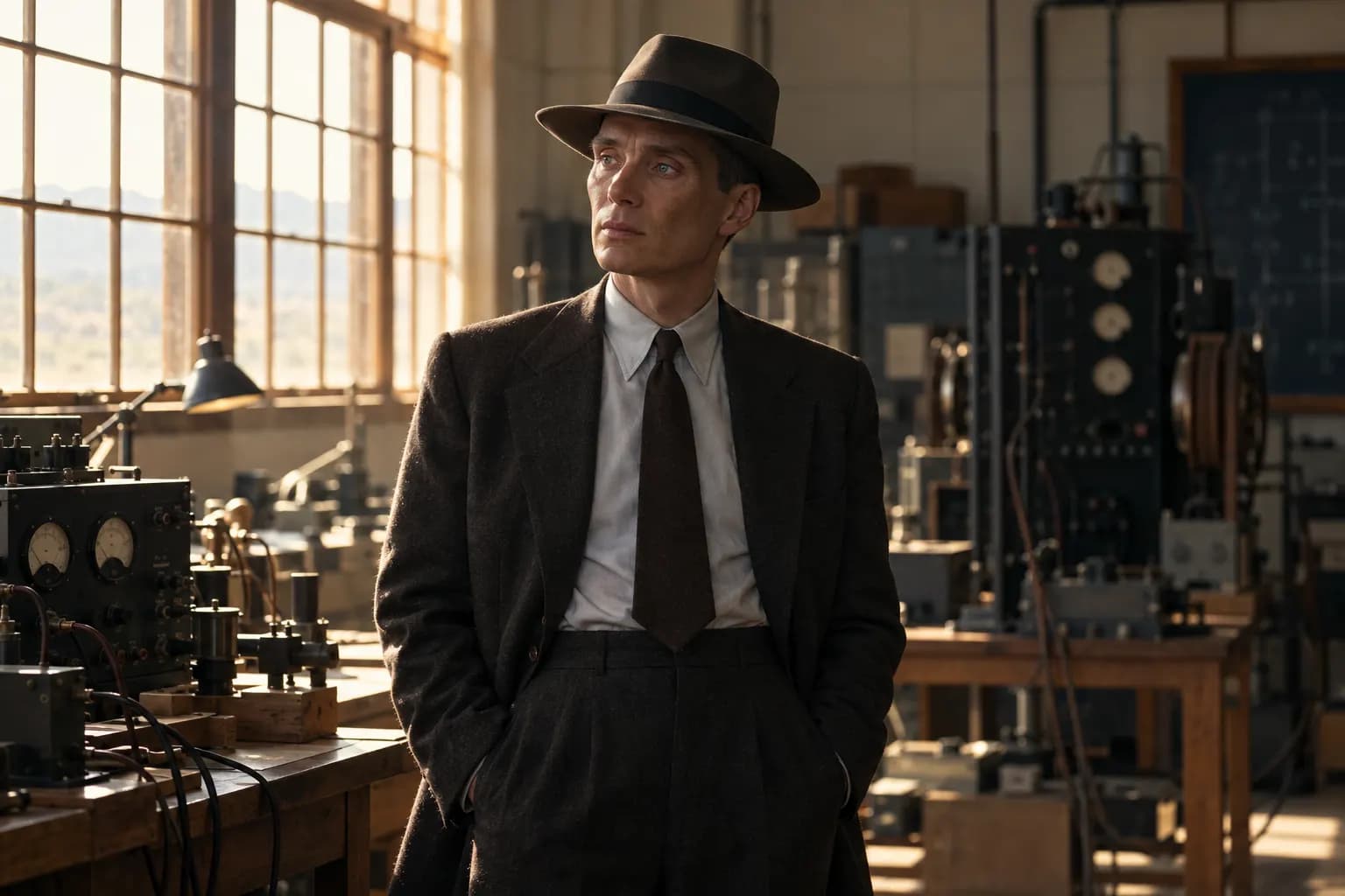 Oppenheimer'ın Los Alamos laboratuvarında düşünceli portresi