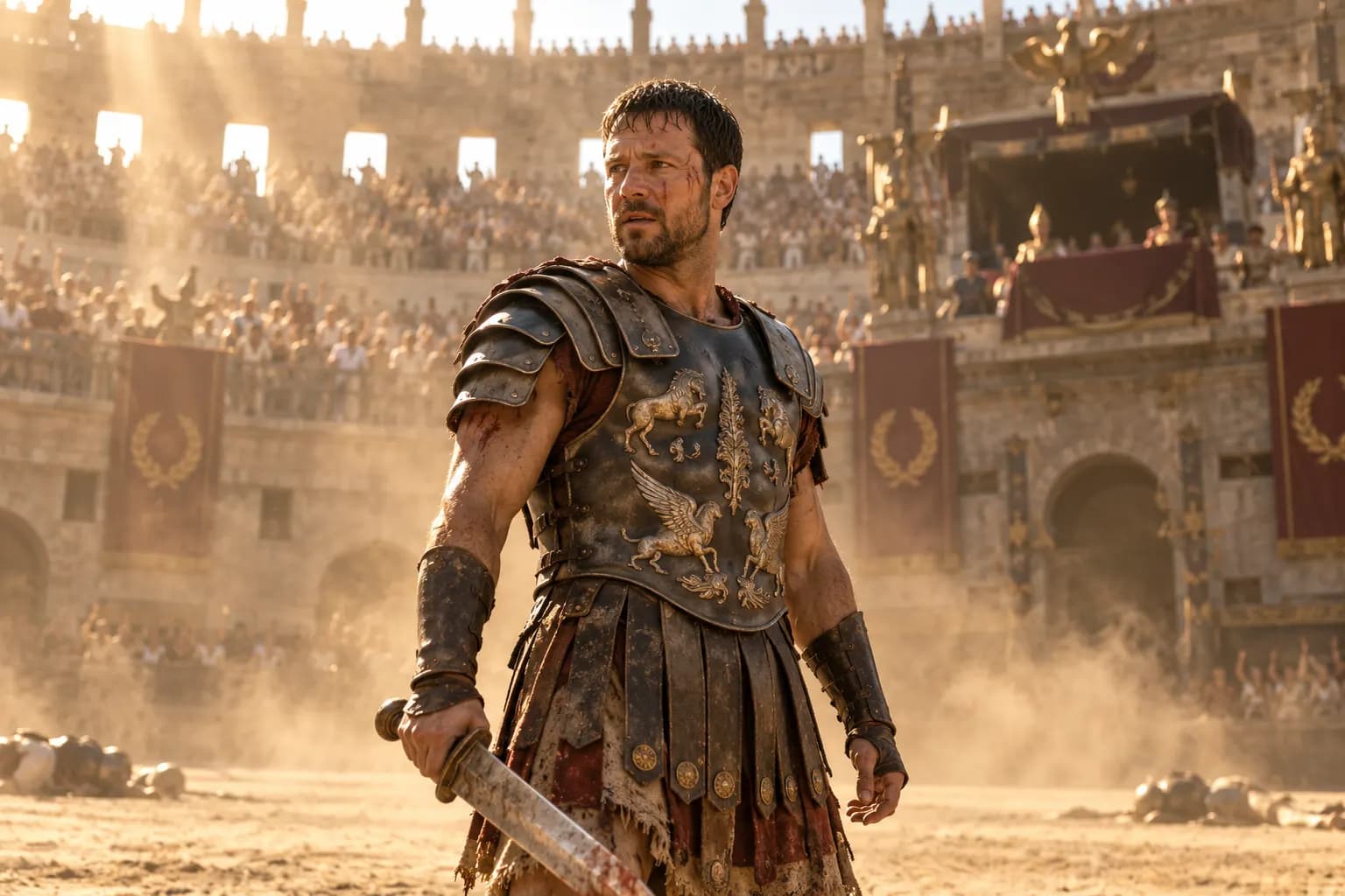 Maximus Roma arenasında gladyatör zırhıyla tozlu ışığın içinde duruyor