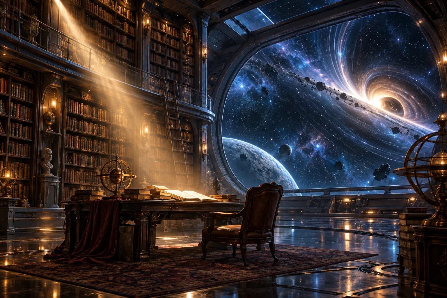 Kitaplıkta ışık huzmesi ve bükülen uzay atmosferi.