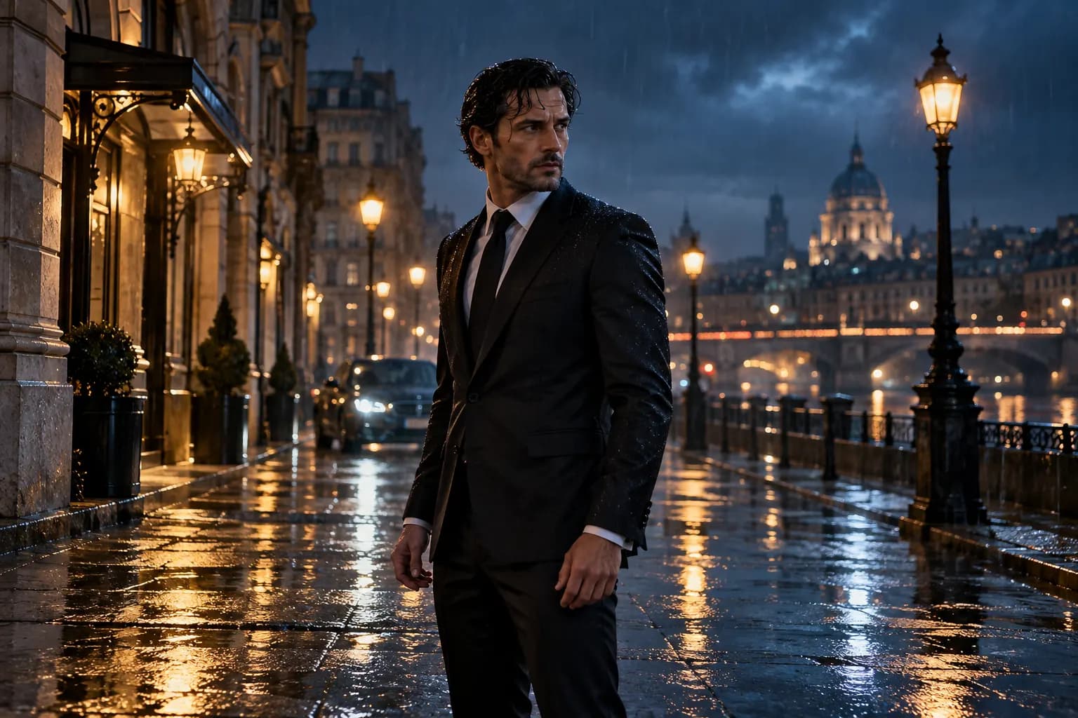 John Wick'in yağmurlu şehir sokağında tetikte beklediği sinematik sahne